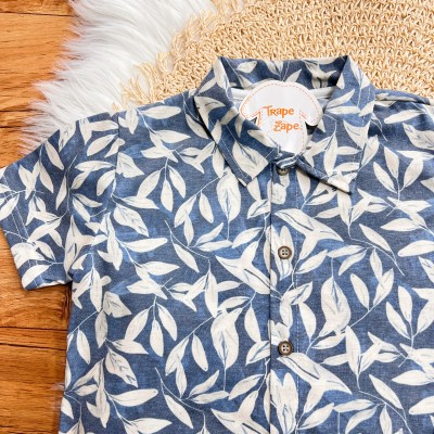 Conj. Camisa Tropical e Bermuda em Linho - Azul Jeans e Areia